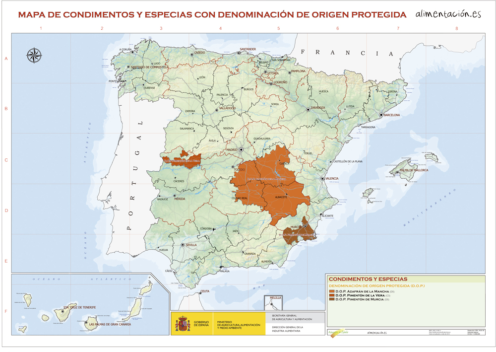 Mapa de los condimentos españoles con Denominaciones de Origen