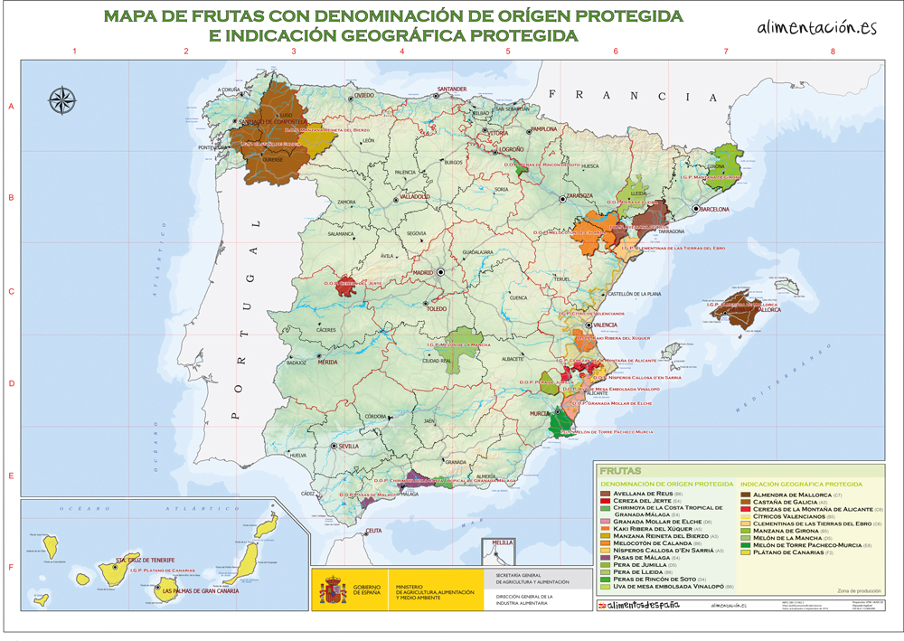 Mapa de las frutas españolas con Denominación de Origen