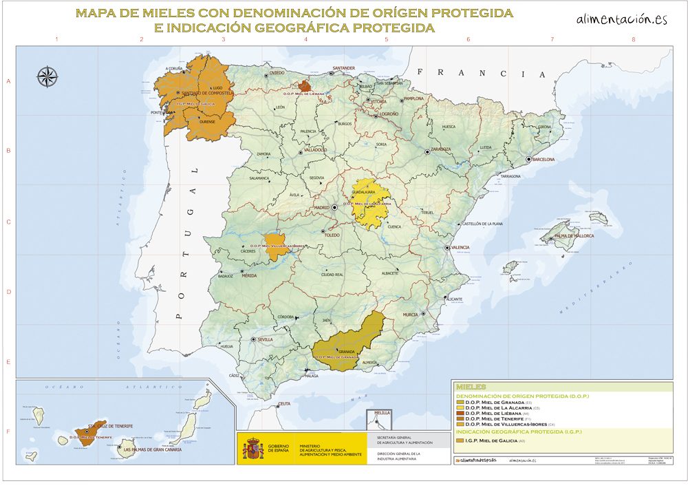 Mapa de las mieles españolas con Denominación de Origen
