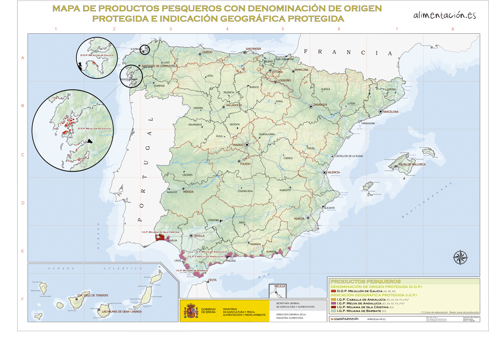 Mapa de los productos pesqueros españoles con Denominaciones de origen