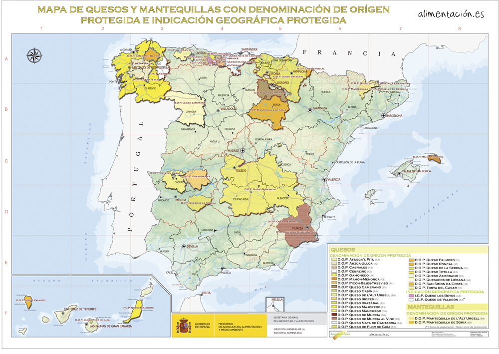 Mapa de los quesos y mantequillas españoles con Denominación de Origen