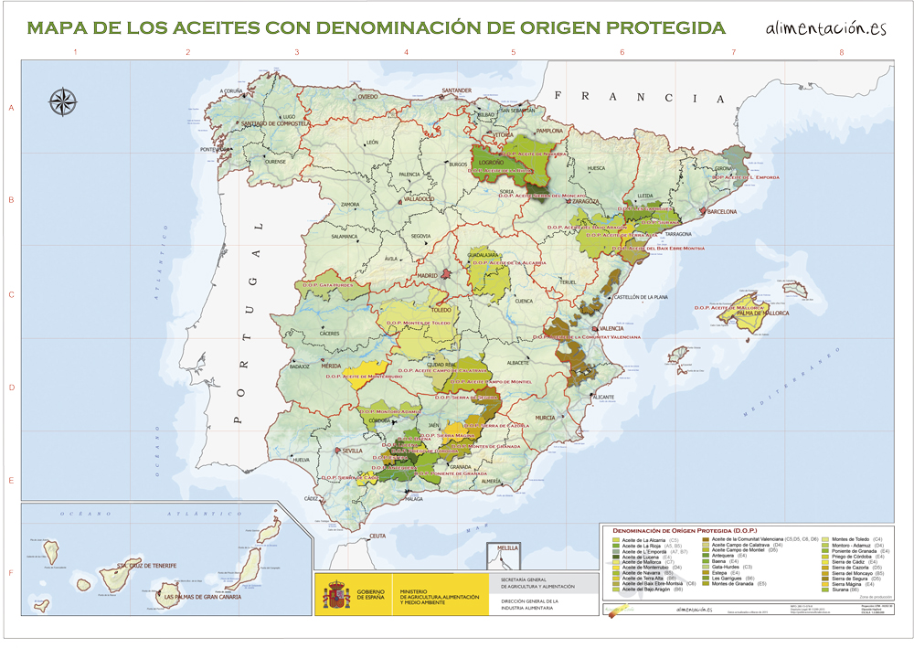Mapa de aceites con D.O. españoles