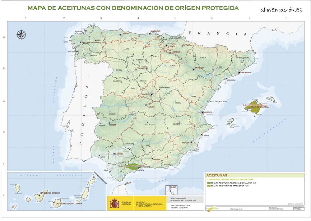 Mapa de las aceitunas de mesa con Denominación de Origen española