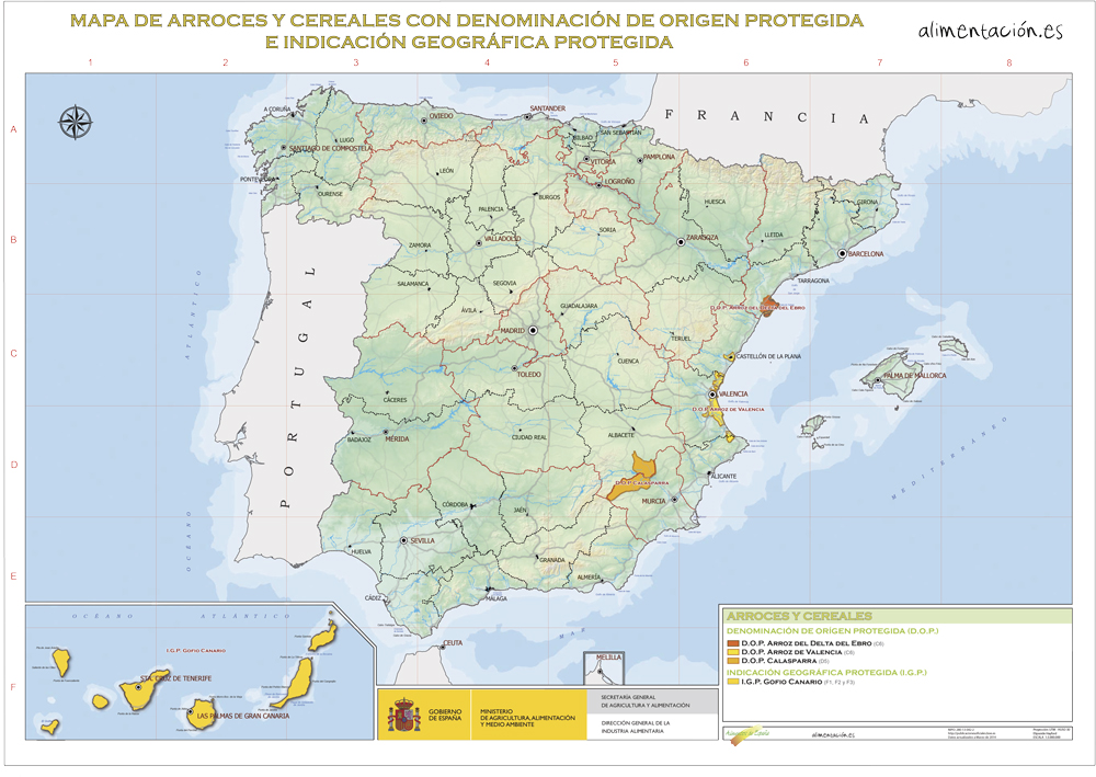 Mapa de las denominaciones de origen de arroces y cereales españolas