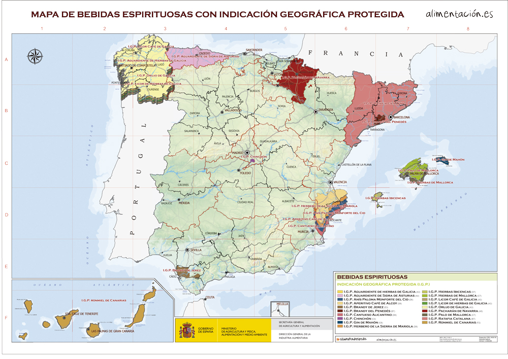 Mapa de las bebidas espirituosas españolas con Denominación de Origen