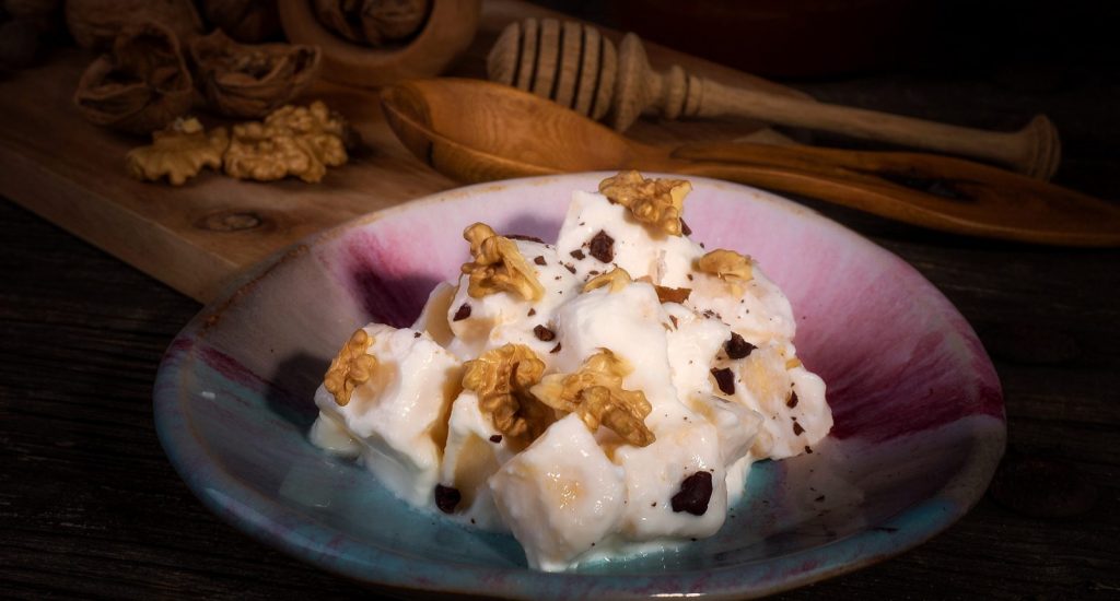 Fantasía de peras, miel, yogur, chocolate y Nuez de Pedroso - Fotografía de ©Jorge Garrido